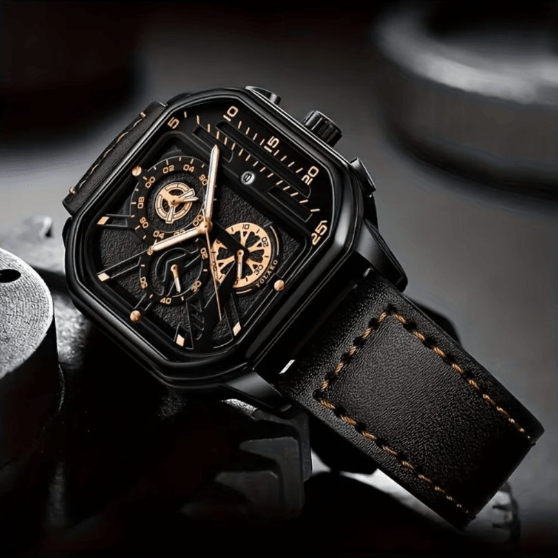 Mens Square Big Dial Watch PU Leather Strap Quartz Casual Sports Wristwatch