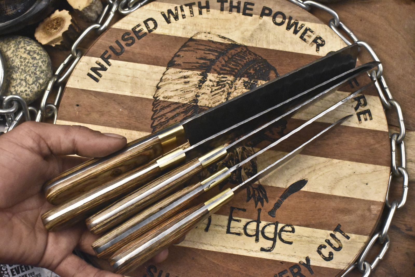 Traditional Forged Damascus Chef Knives | Walnut Handle Set of 5 Collectors