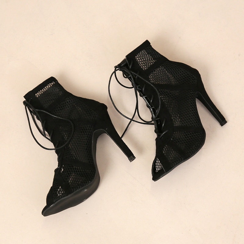 Women Summer Sexy High Heels Hollow Mesh Sandals Peep Toe Cross-tied Ankle Strap Net Heeled Dance Shoes