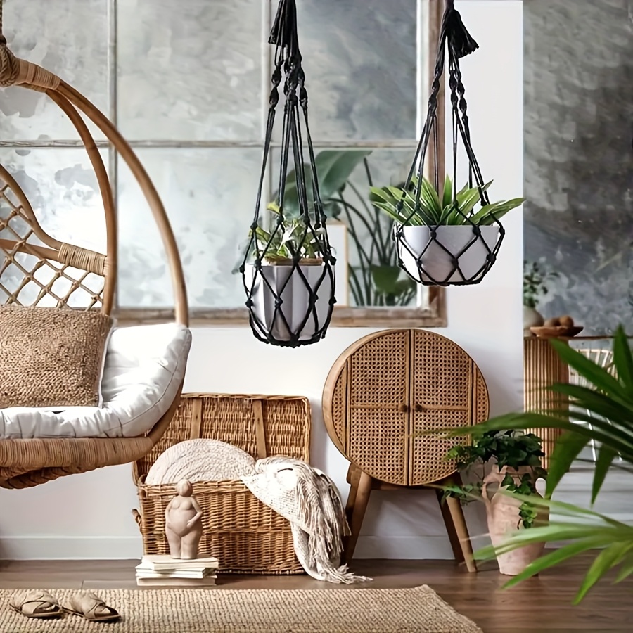 Bohemian Macrame Plant Hanger Black & White Hanging Holder for Indoor and Outdoor Garden Decor