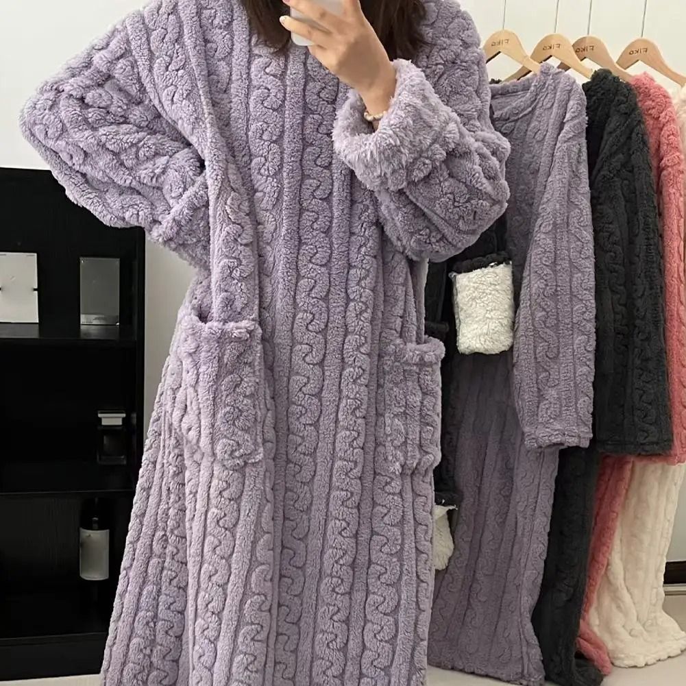 Women Winter Flannel Nightgown Long Sleeve Warm Sleepwear Dress