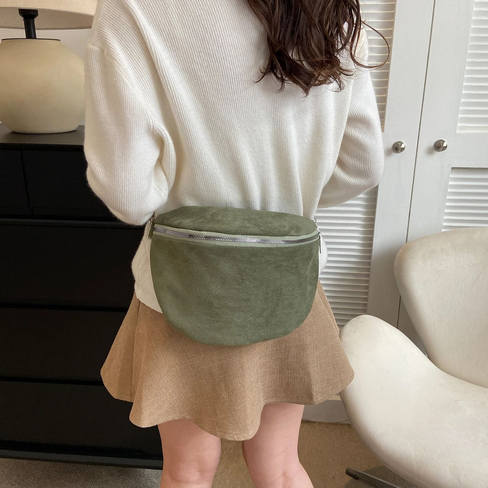 Fashion Suede Women Waist Bag Retro Half Moon Chest Bag with Wide Strap