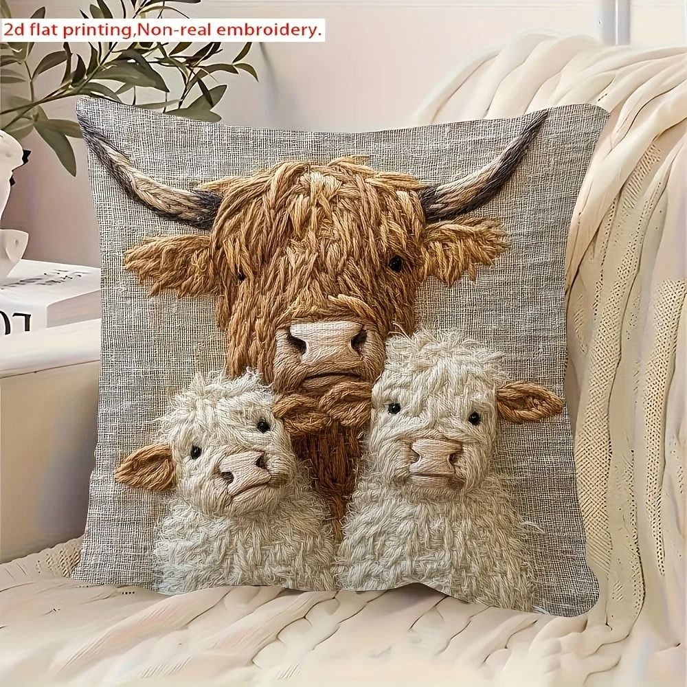 Highland Cow Retro Decorative Pillowcase for Living Room and Office