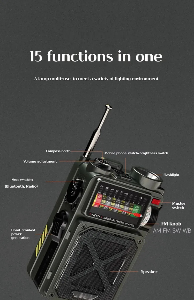 Hand Crank Emergency Radio with Solar Charging, Bluetooth Speaker & Power Bank