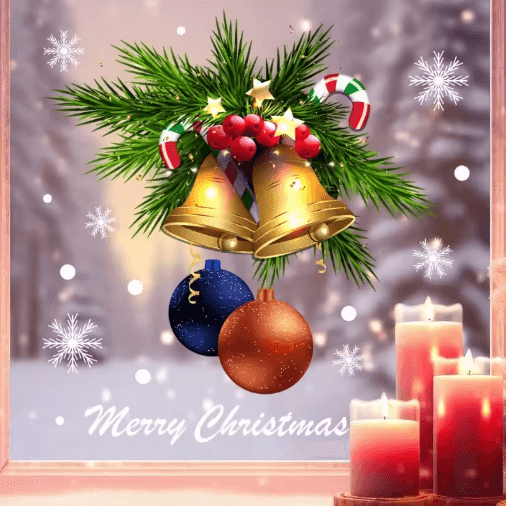 Reusable Christmas Window Stickers – Static Cling Golden Bells, Red Berries & Snowflakes (1pc / 2pcs)