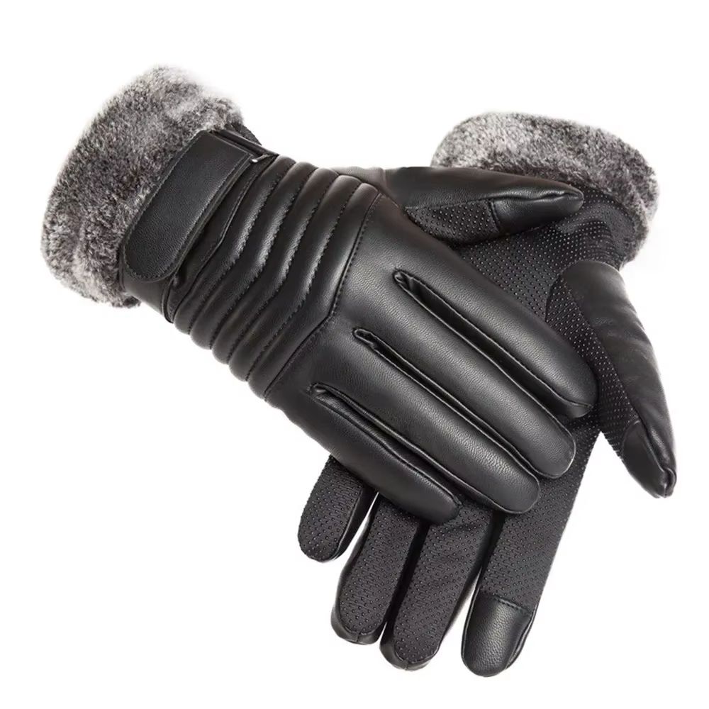 Mens Plush Insulated PU Leather Touchscreen Winter Cycling Gloves