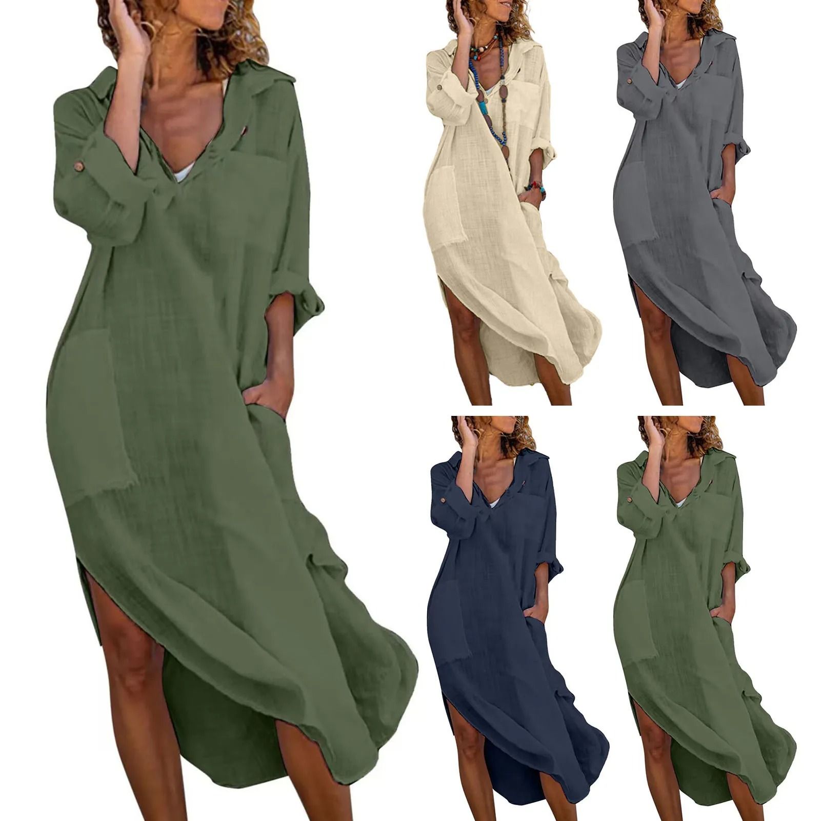Shirt Dress for Women Linen Cotton Clothing Oversized Pure Long Midi Dress