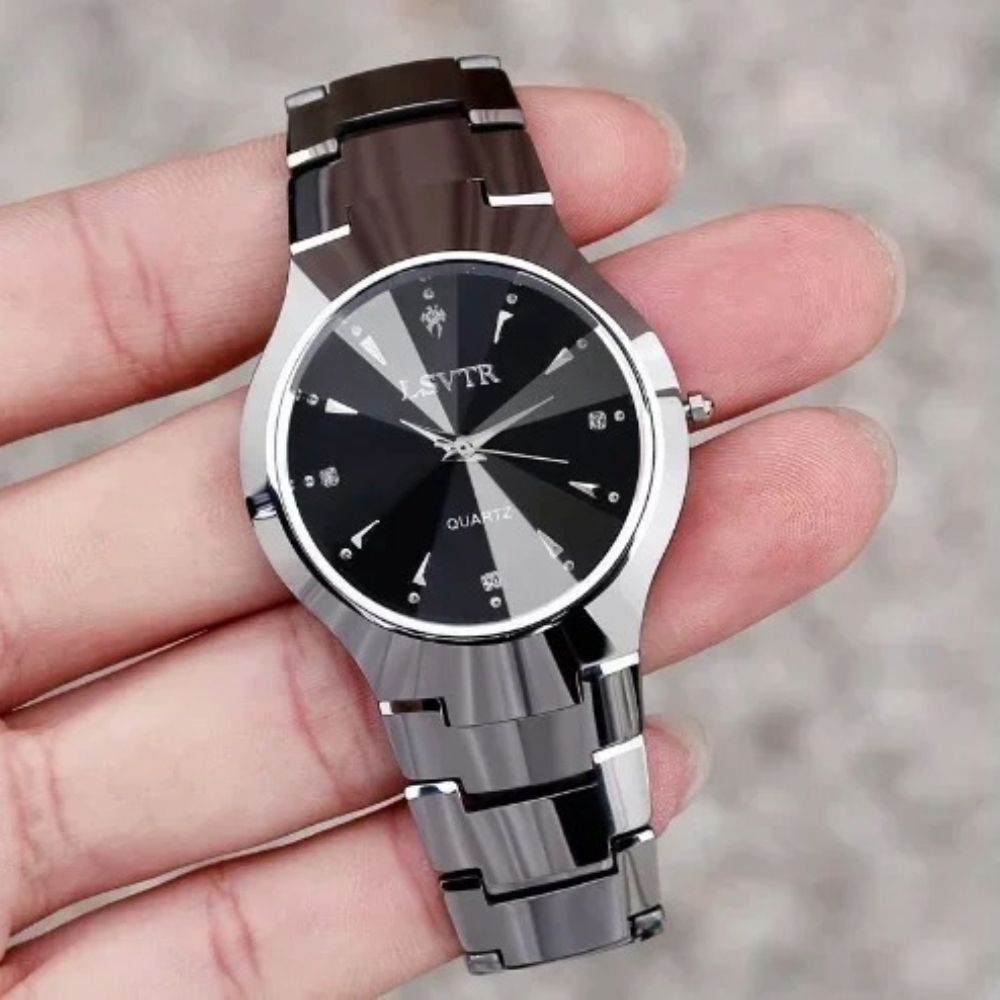 Tungsten Steel Quartz Watch with Calendar Unisex Couple Watch
