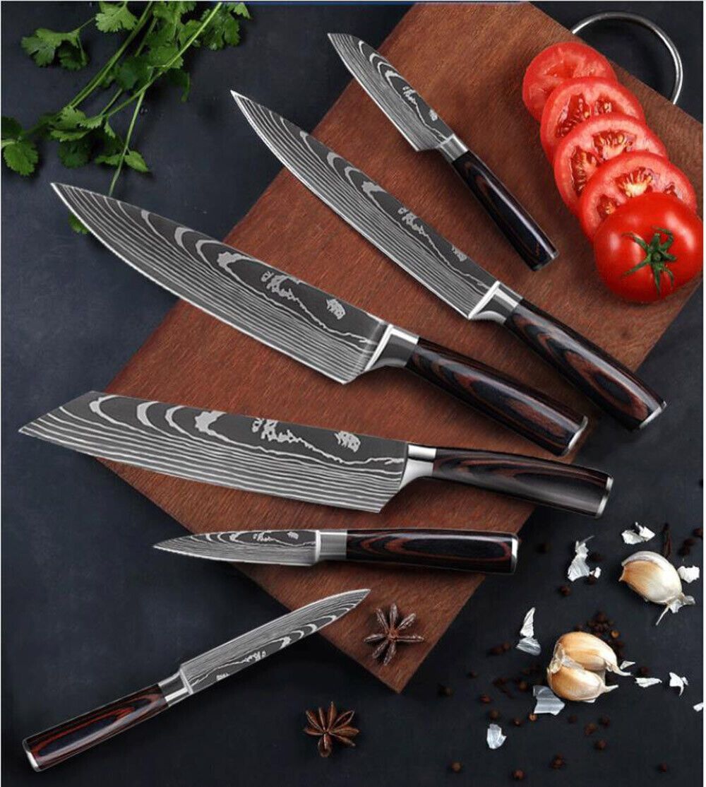 Wood 6PCS Japanese Style Kitchen Damascus Pattern Chef Knives Set