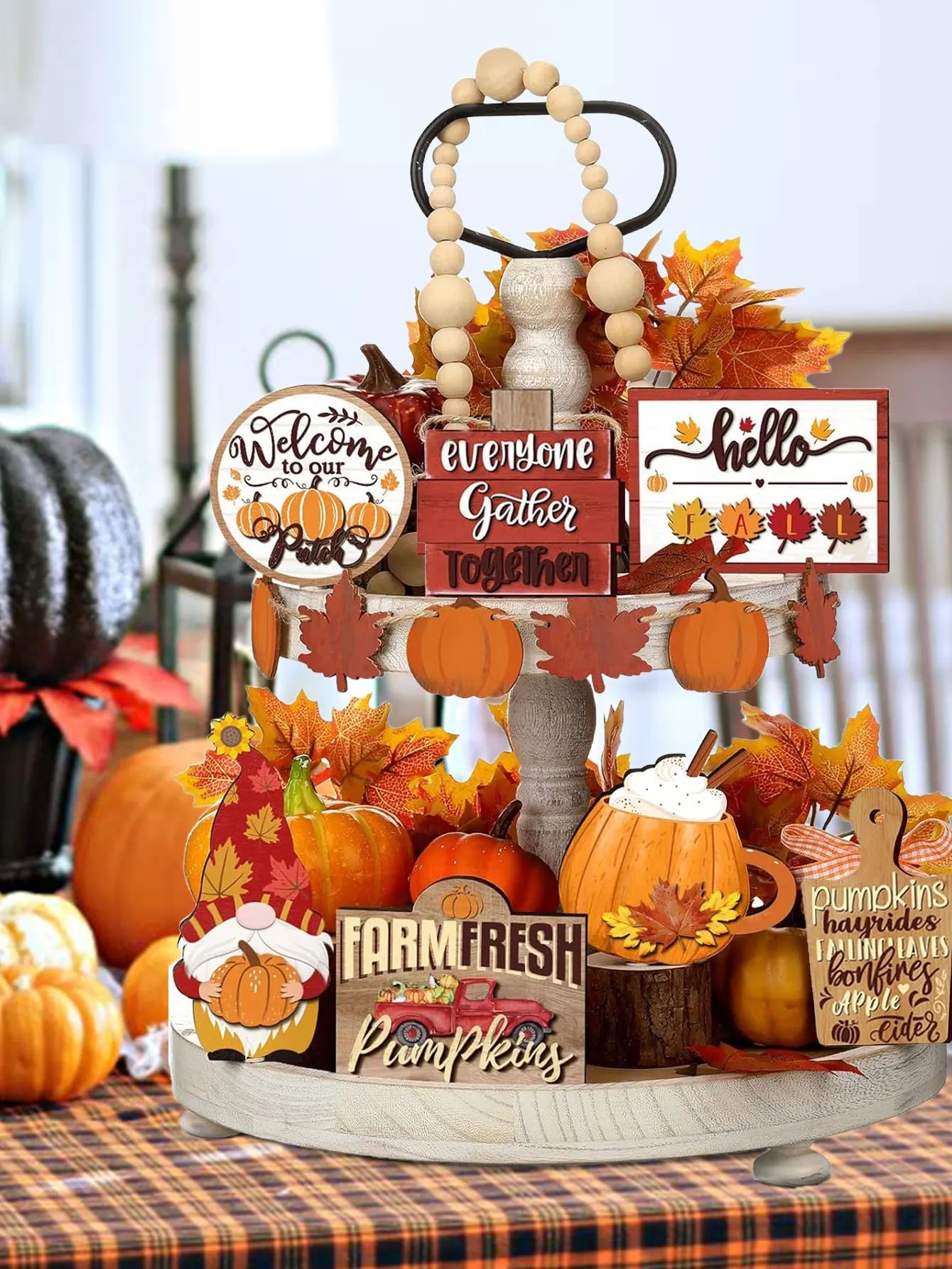 Fall Harvest Wooden Tiered Tray Decor Set for Farmhouse Autumn Display