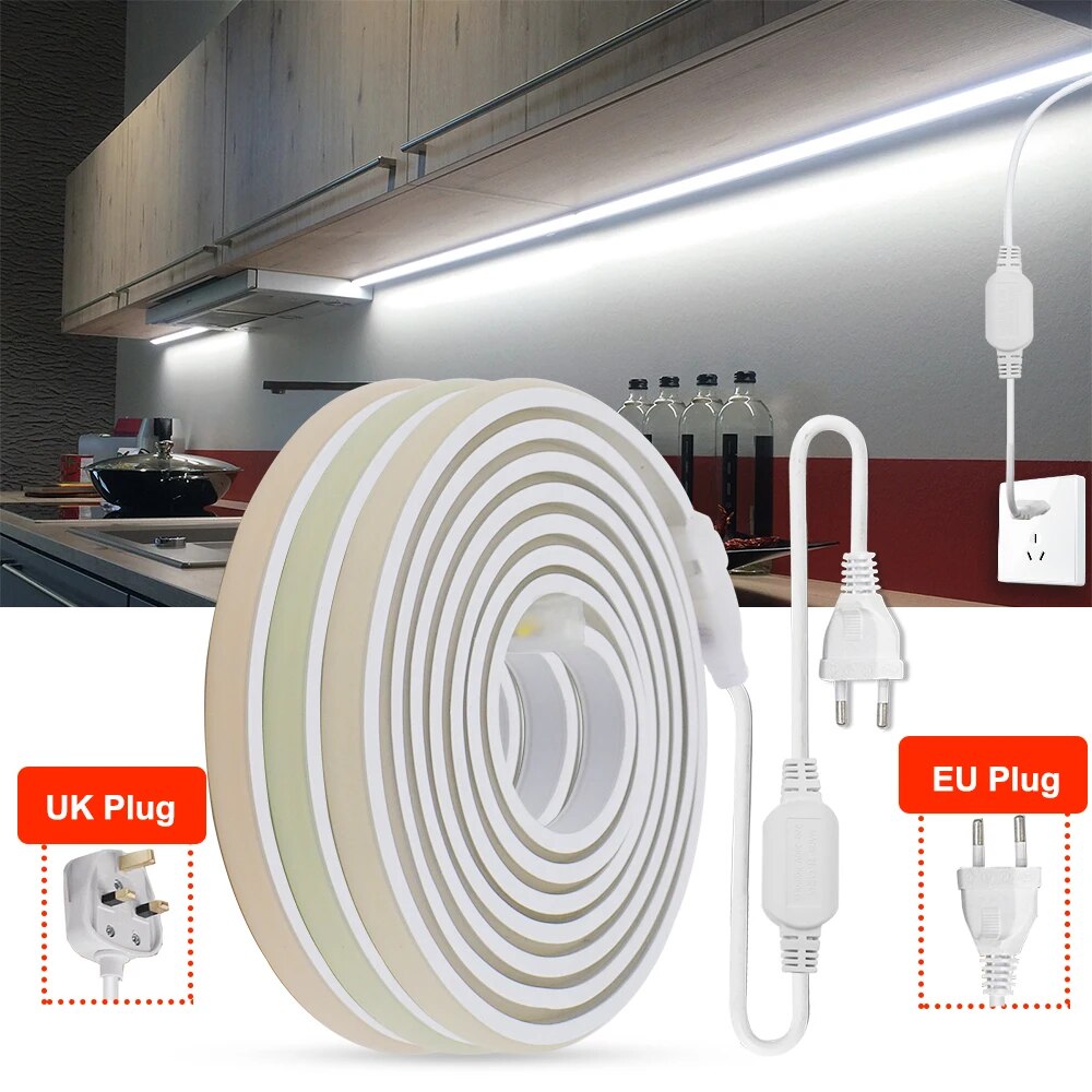 COB LED Neon Strip Light: Waterproof 220V EU/UK Plug, 288LEDs/m RA90 Flexible Tape for Outdoor Garden, Kitchen, Bedroom