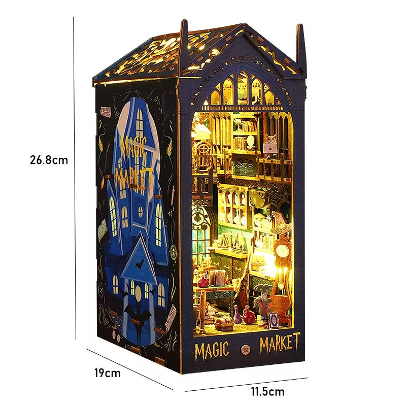 DIY Book Nook Kit Wooden Dollhouse Building Set LED Bookshelf Insert Miniature House Bookend