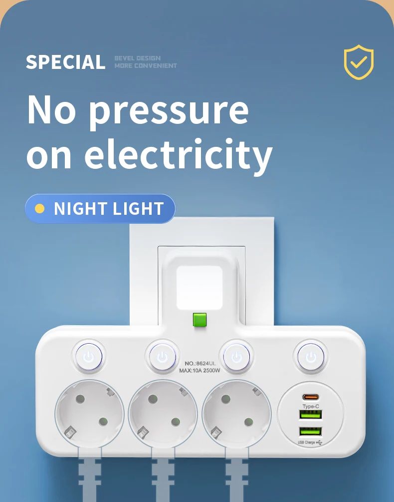 EU Power Strip with USB Charger and Separate Switches