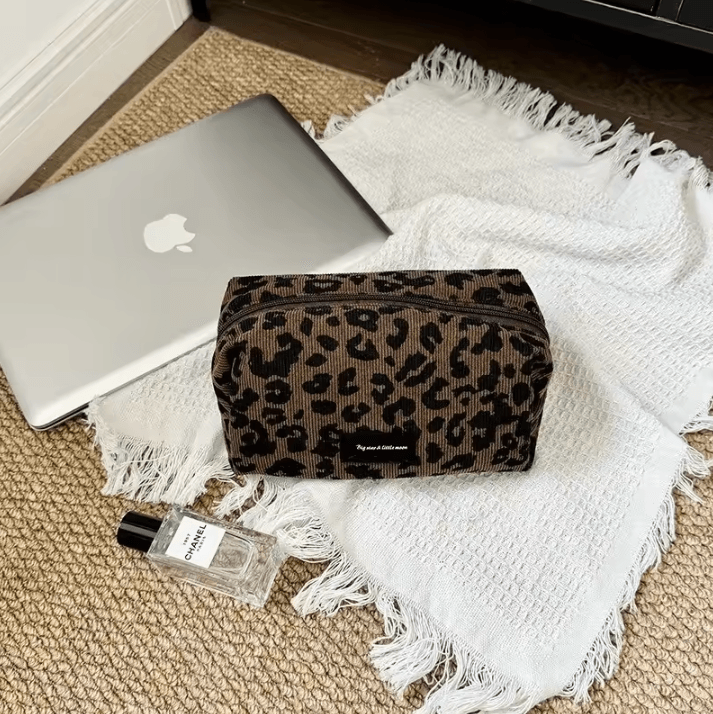 Leopard Makeup Bag – Large Cosmetic Organizer Case Box-Shaped Zipper Travel Beauty Storage Bag