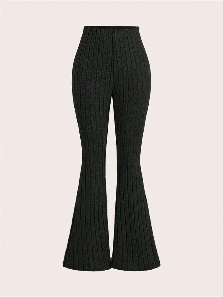 High Waist Ribbed Flared Leggings, Women's Solid Color, Slim Fit, Casual Workout Fitness, for Spring Autumn Winter