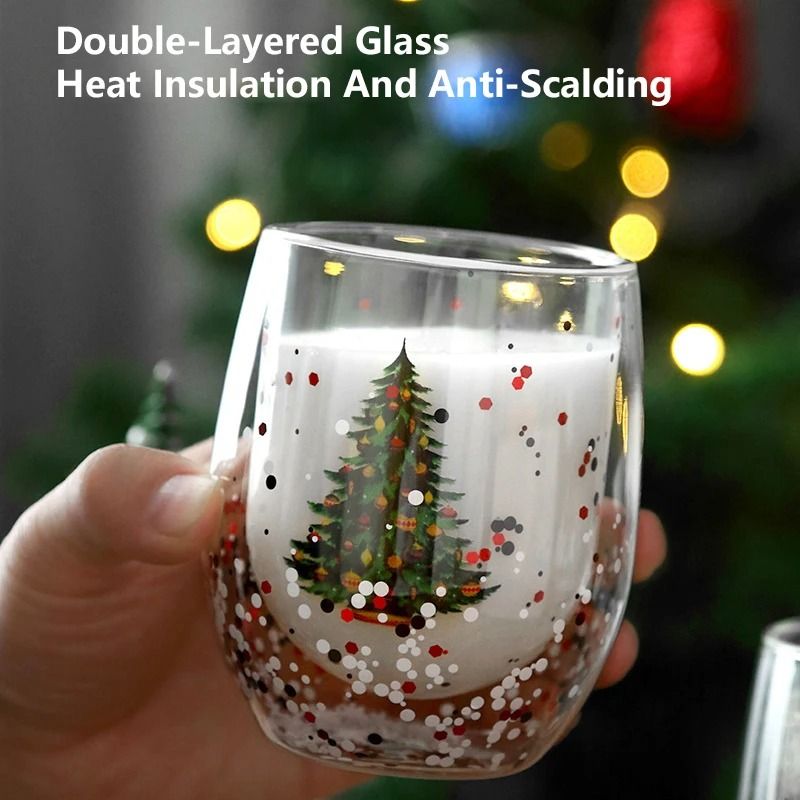 Double Wall Christmas Glass Mug Heat Resistant Holiday Coffee Cup