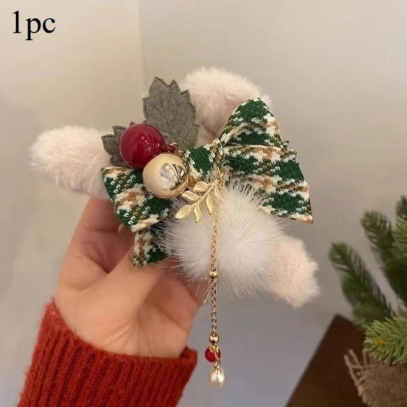 Christmas Plush Bow Hair Claw Clip Faux Fur Holiday Accessory