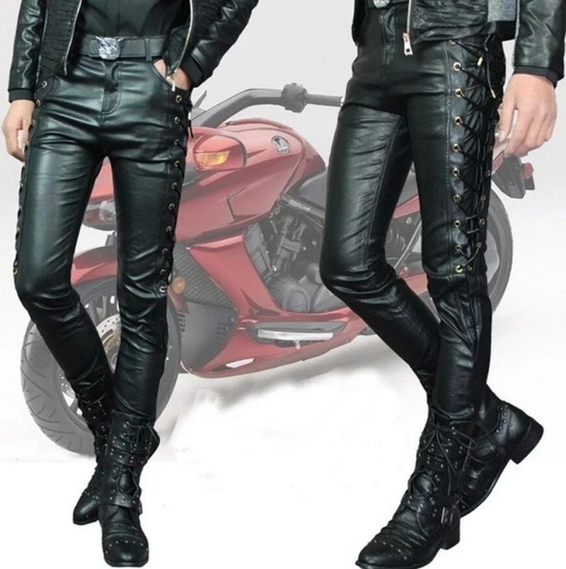 Men's Punk Style Faux Leather Motorcycle Pants – Black Side Lace-Up Biker Trousers