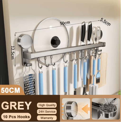 Wall Mounted Kitchen Hook Rack No Drill Utensil Hanger Rail with Chopping Board Holder