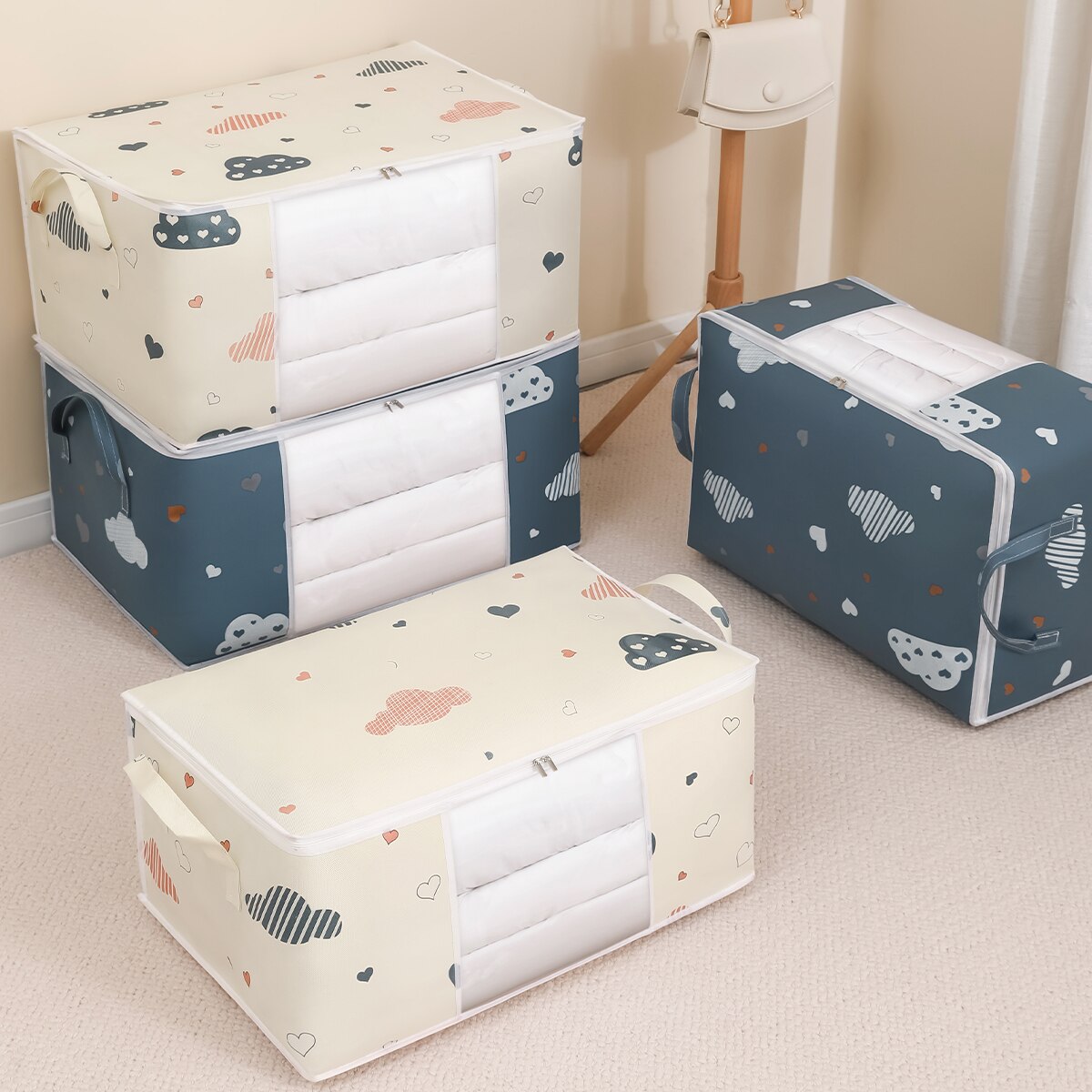 Large Capacity Clothes Storage Bag Organizer  Reinforced Handle, Foldable, Sturdy Zipper  Ideal for Bedding & Blankets