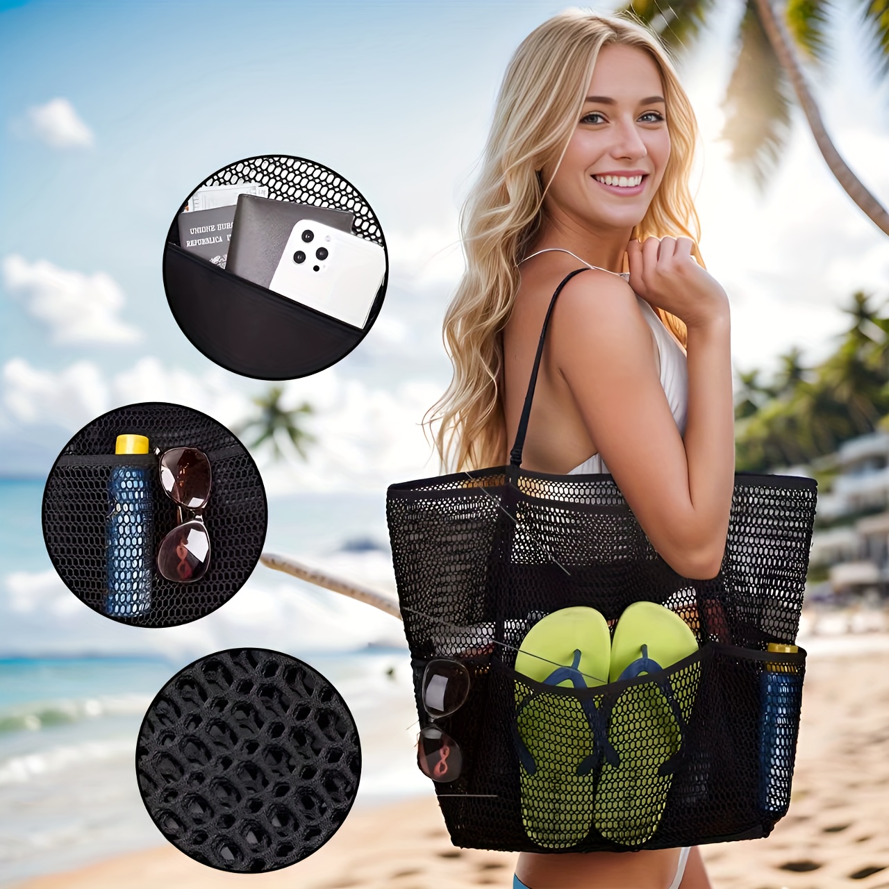 Durable Polyester Woven Shoulder Bag, Women's Large Capacity Beach Tote with Open Top for Travel