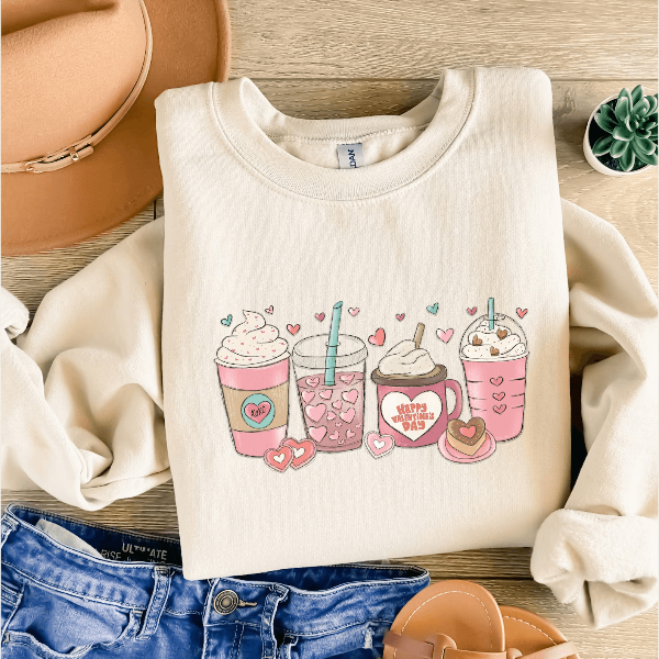 Valentines Coffee Sweatshirt for Women Love Heart Crewneck Cute Casual Valentine Pullover