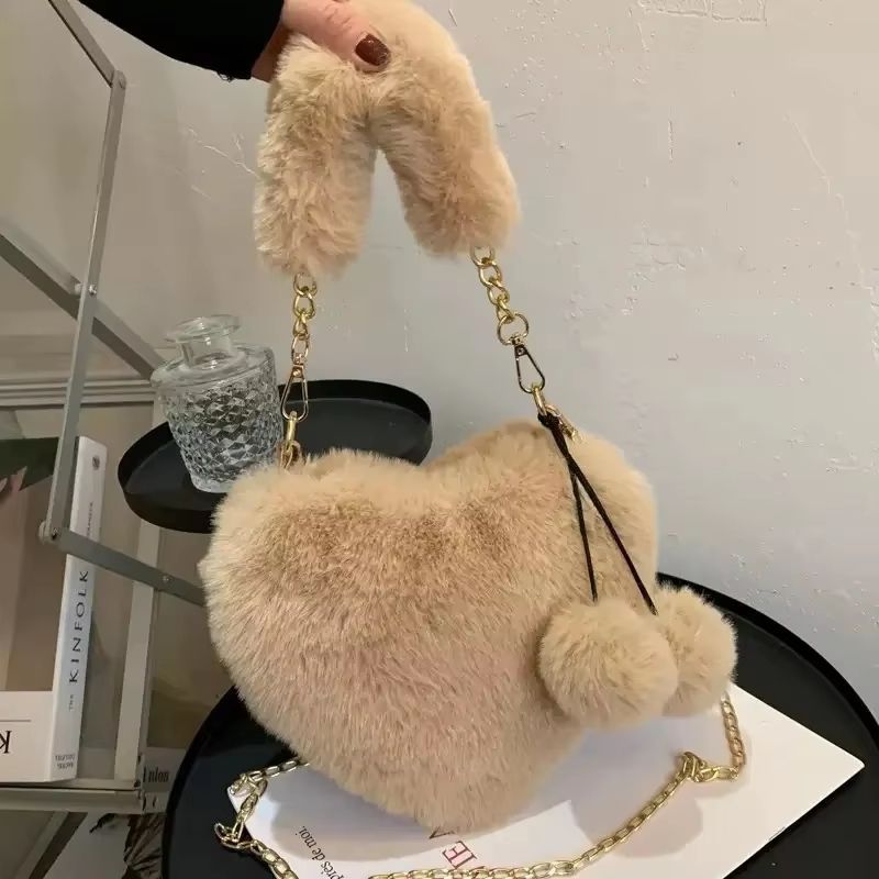 Faux Fur Heart Bag Small Chain Shoulder Purse, Plush Crossbody Clutch