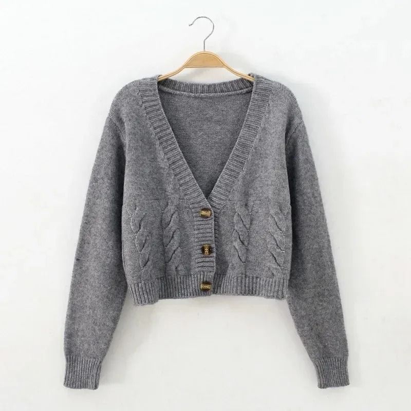 V-Neck Cropped Cardigan – Korean Fashion Twist Knitted Sweater Coat for Autumn & Winter