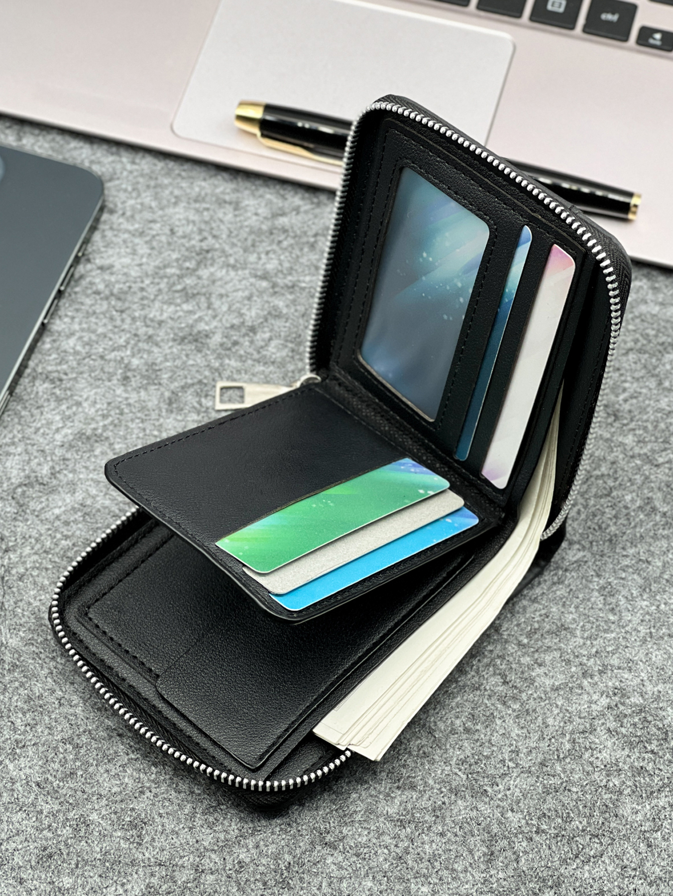 Slim Zippered PU Leather Wallet for Men Compact Coin & Card Holder
