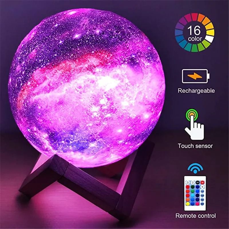 3D Print Moon Lamp | 16-Color Remote LED Night Light Rechargeable Bedroom Atmosphere Decor