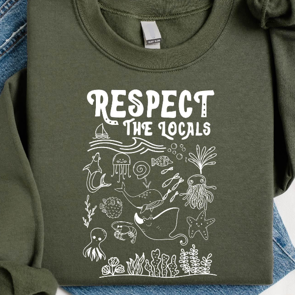 Respect the Locals Sweatshirt, Sea Animals Shirt, Ocean Animals Sweater, White and Natural Vacation Tee