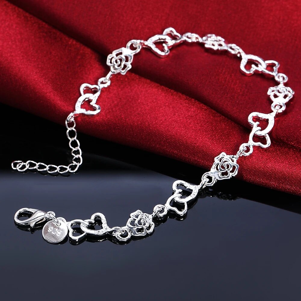 925 Sterling Silver Heart Flower Bracelet for Women - Elegant Wedding & Party Fashion Jewelry