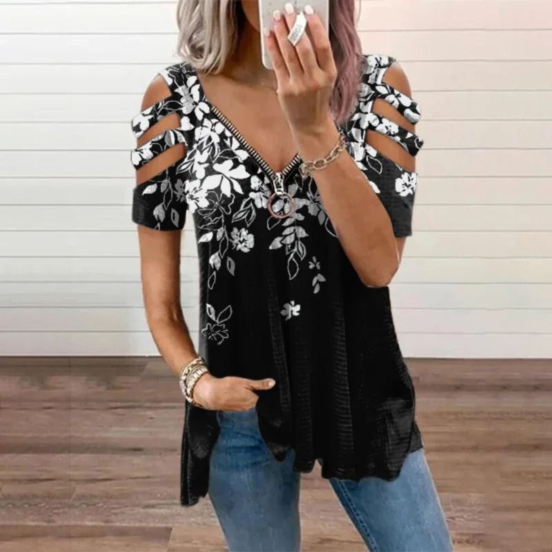 Summer Cold Shoulder Leopard Print Zipper V Neck Loose Casual Blouse