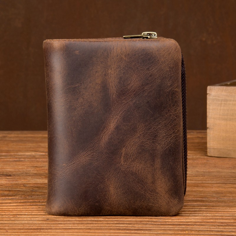 Handmade Crazy Horse Leather Wallet Retro Vertical Zipper Cowhide Wallet for Men