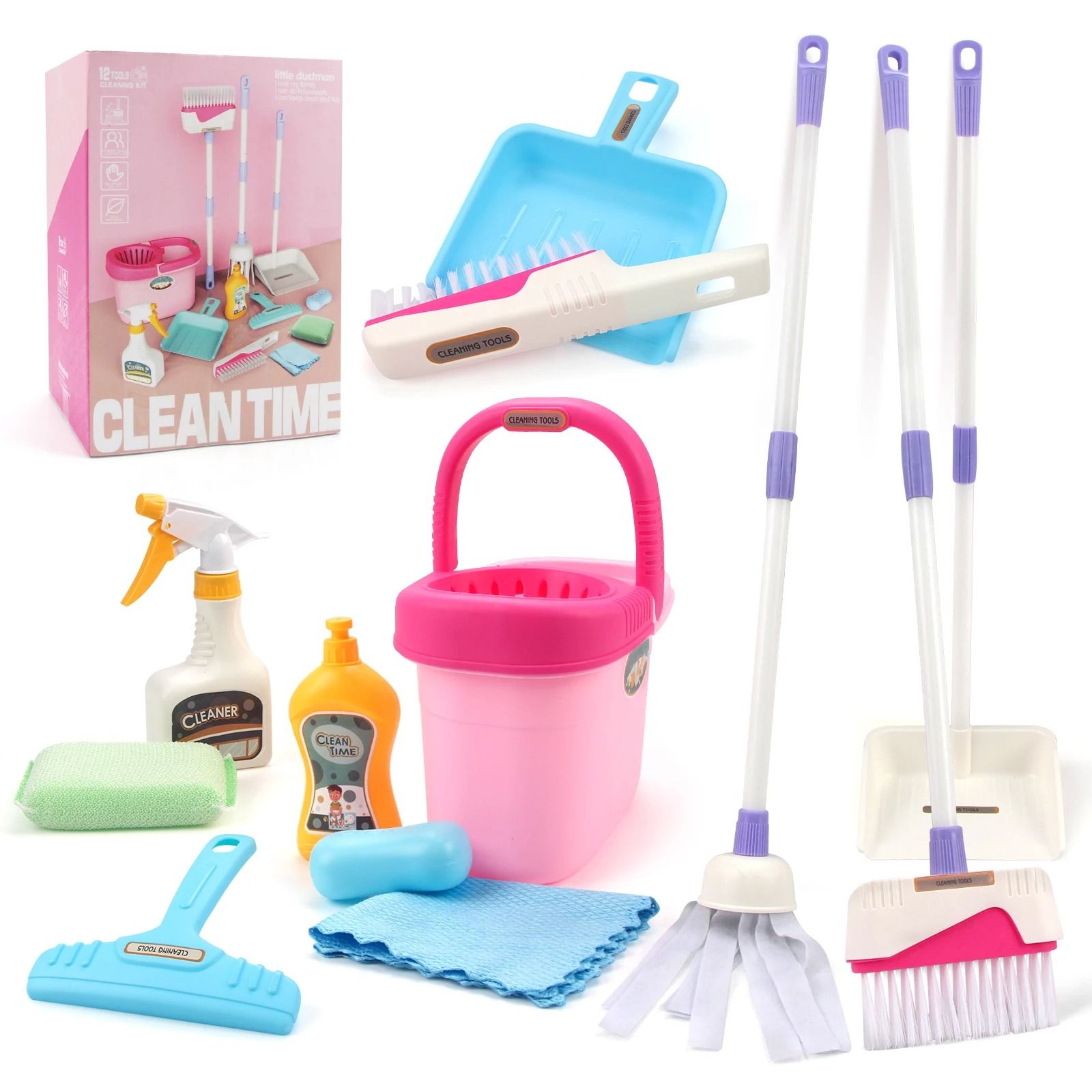 Kids Cleaning Set Play House Toy Pretend Cleaning Kit with Broom Mop and Bucket