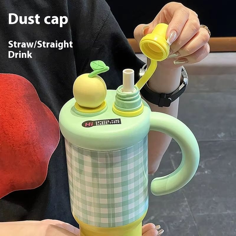 New Intelligent Checkered Stainless Steel Coffee Cup – Portable Insulated Straw Cup with High-Appearance Design