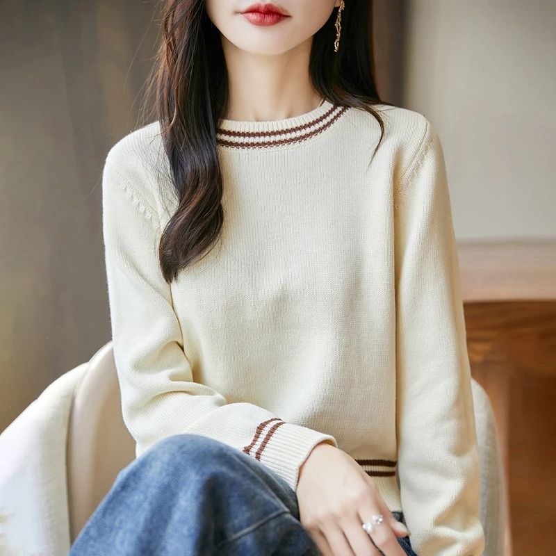 Autumn Winter Women Pure Cotton Knitted O-Neck Pullover Sweater