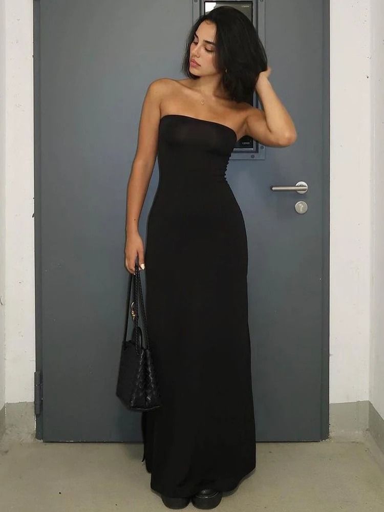 Hugcitar Black Strapless Long Sleeve Bodycon Maxi Dress
