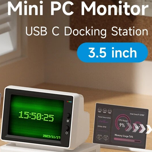 IPS Mini Screen  Portable Mini PC Data Monitor with USB C Hub for Laptop, PC, and MacBook