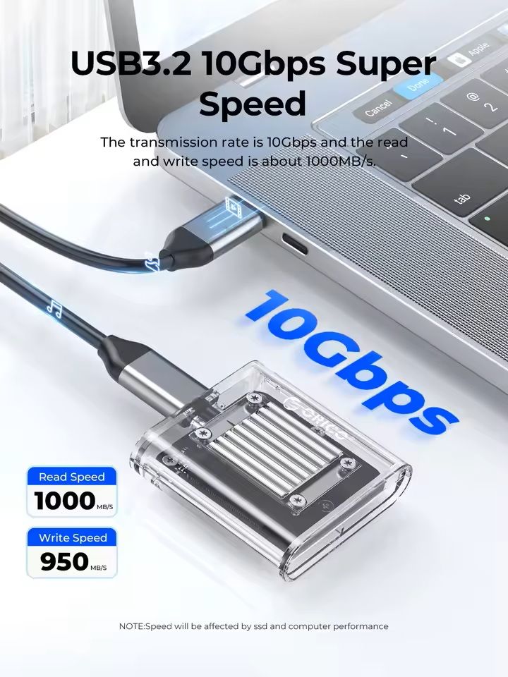 Transparent NVMe SSD Enclosure USB C Adapter 10Gbps