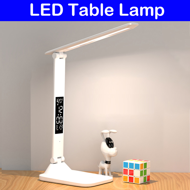 USB C Rechargeable Desk Lamp, Touch Dimmable LED Eye Protection Light, with Alarm Clock, Thermometer