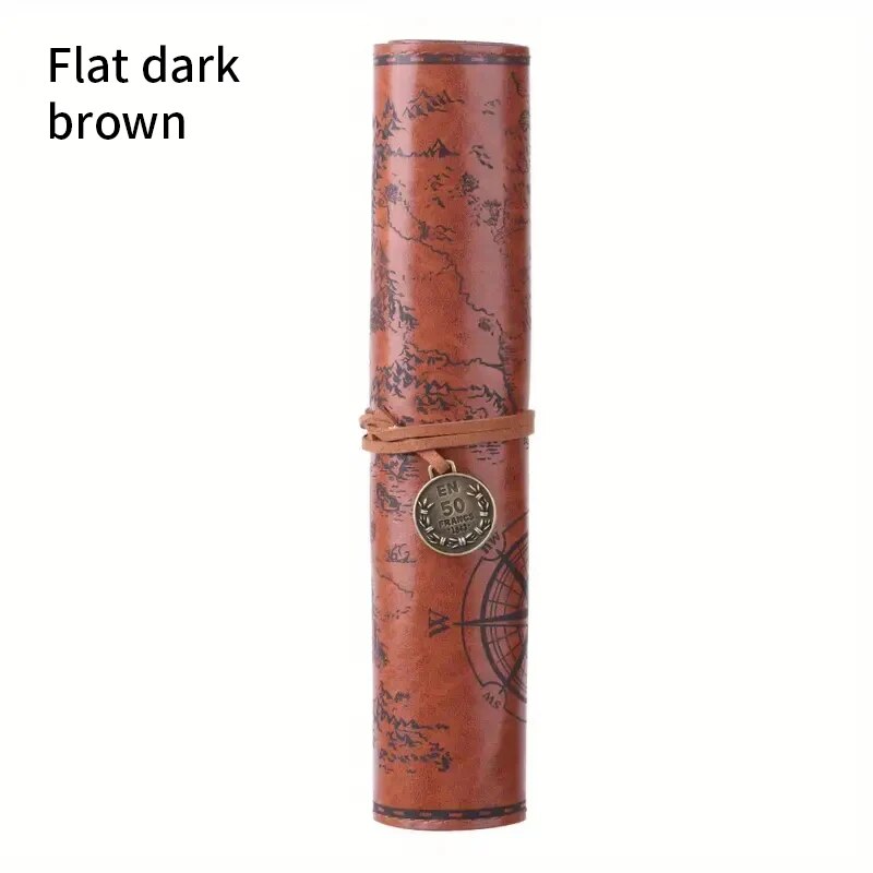 Creative Retro Leather Pencil Case Large Capacity Treasure Map Roll Pencil Bag with Embossed Buckle