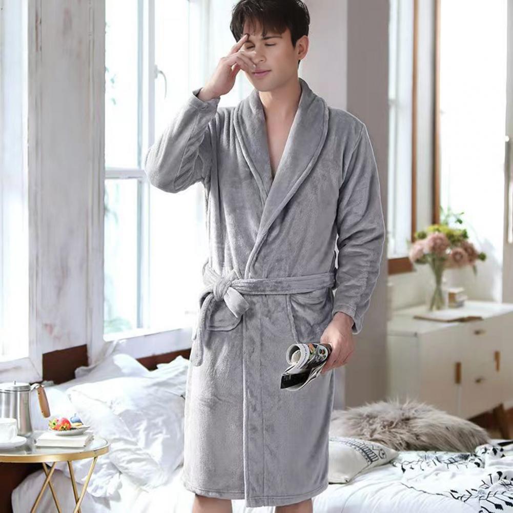 Men Medium-Length Home Bathrobe Sleepwear, Plush Flannel Winter Bathrobe with Belt, Soft Bathrobe Lady