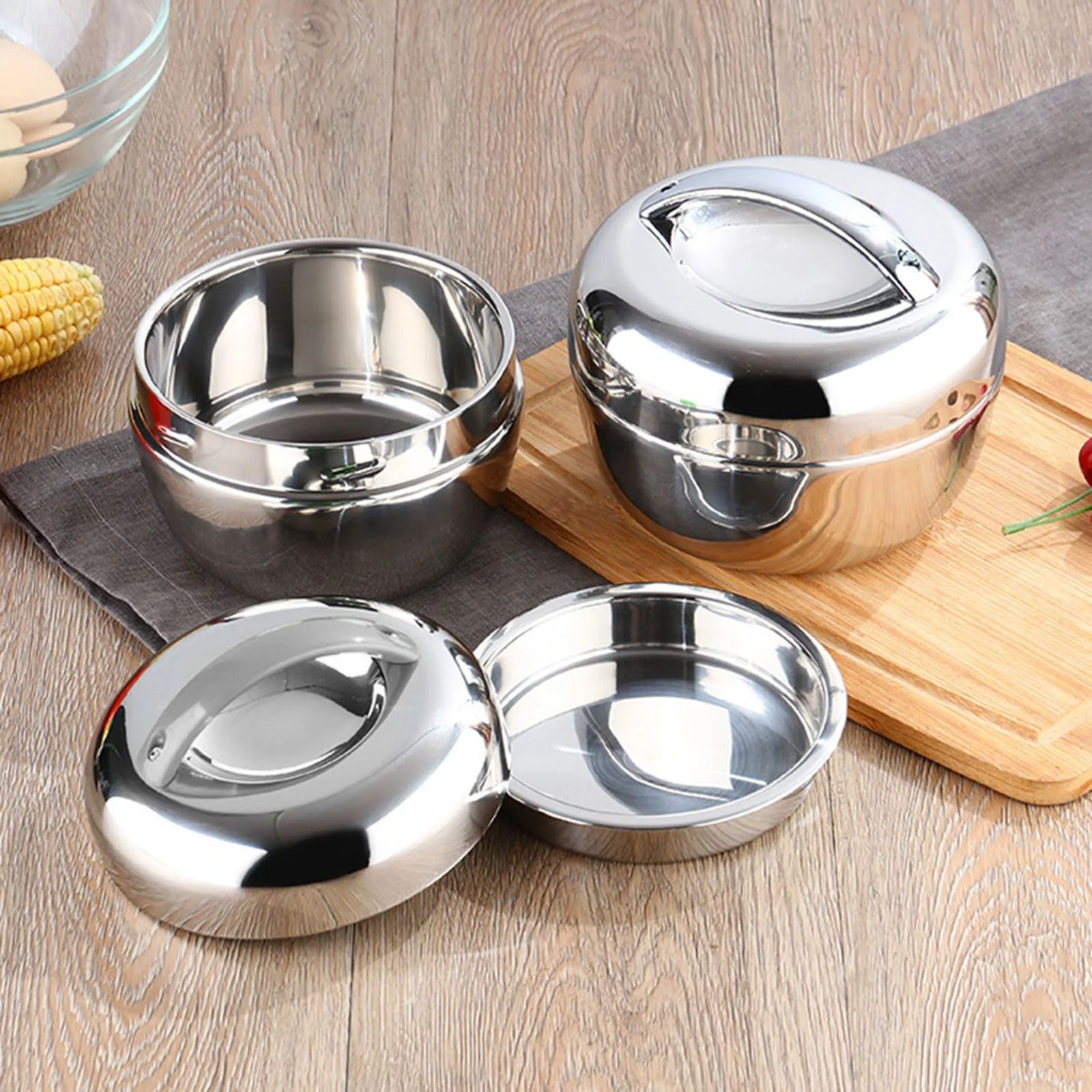 Double Layer Insulated Lunch Bento Box Stainless Steel Hot Food Container Round Noodle Bowl