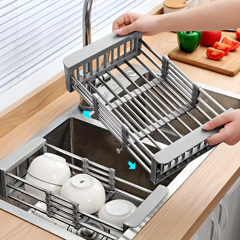 Stainless Steel Adjustable Sink Drying Rack Extendable Kitchen Drain Basket for Dish and Fruit Storage