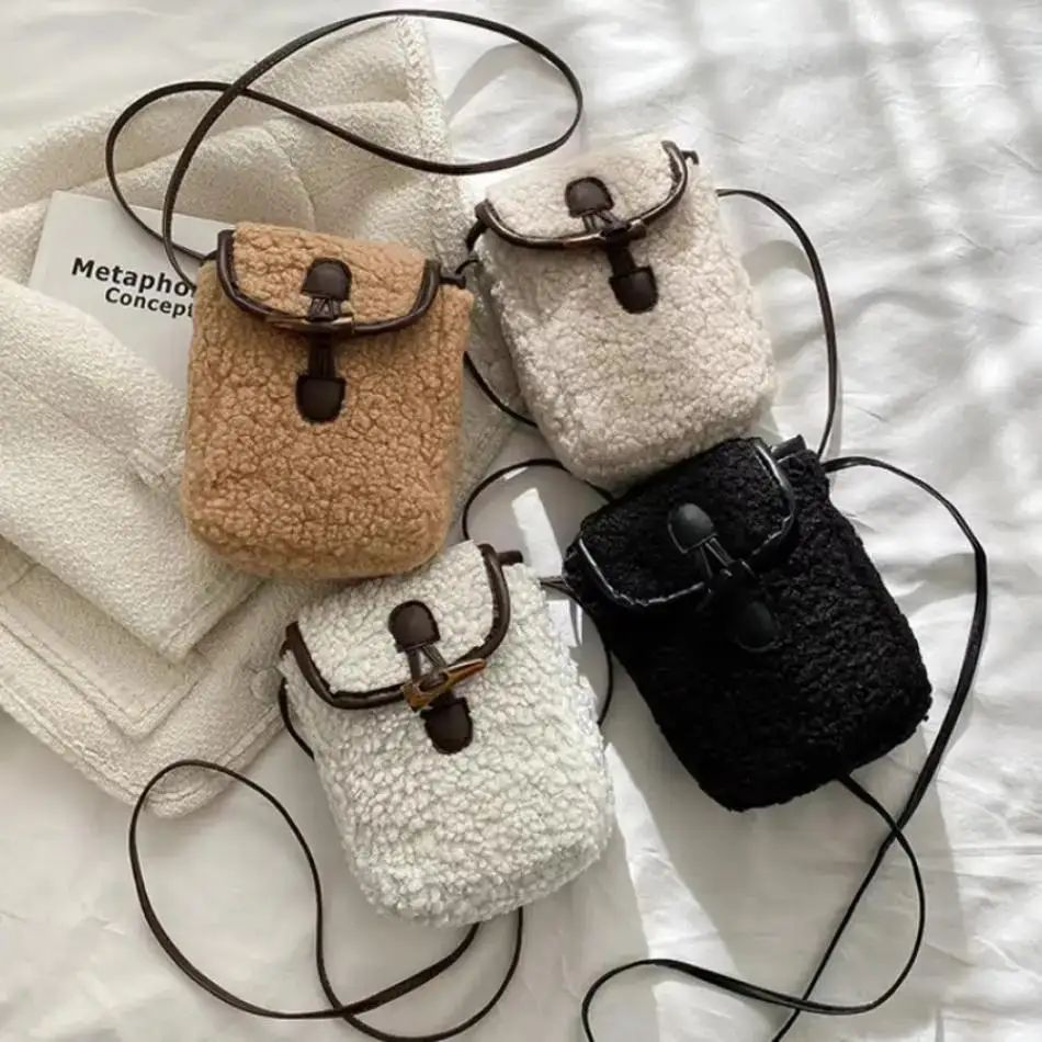 Women Retro Lamb Fleece Crossbody Phone Bag – Minimalist Color-Block Shoulder Mini Bag