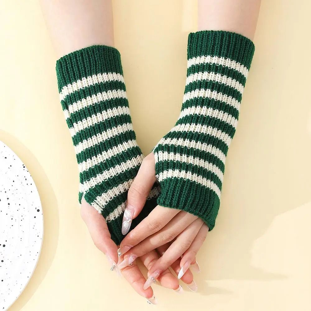 Gothic Striped Fingerless Arm Warmers - Harajuku Y2K Knit Sleeves