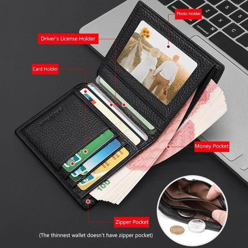 Genuine Leather RFID Blocking Slim Wallet for Men Vertical Card Holder with Coin Pocket