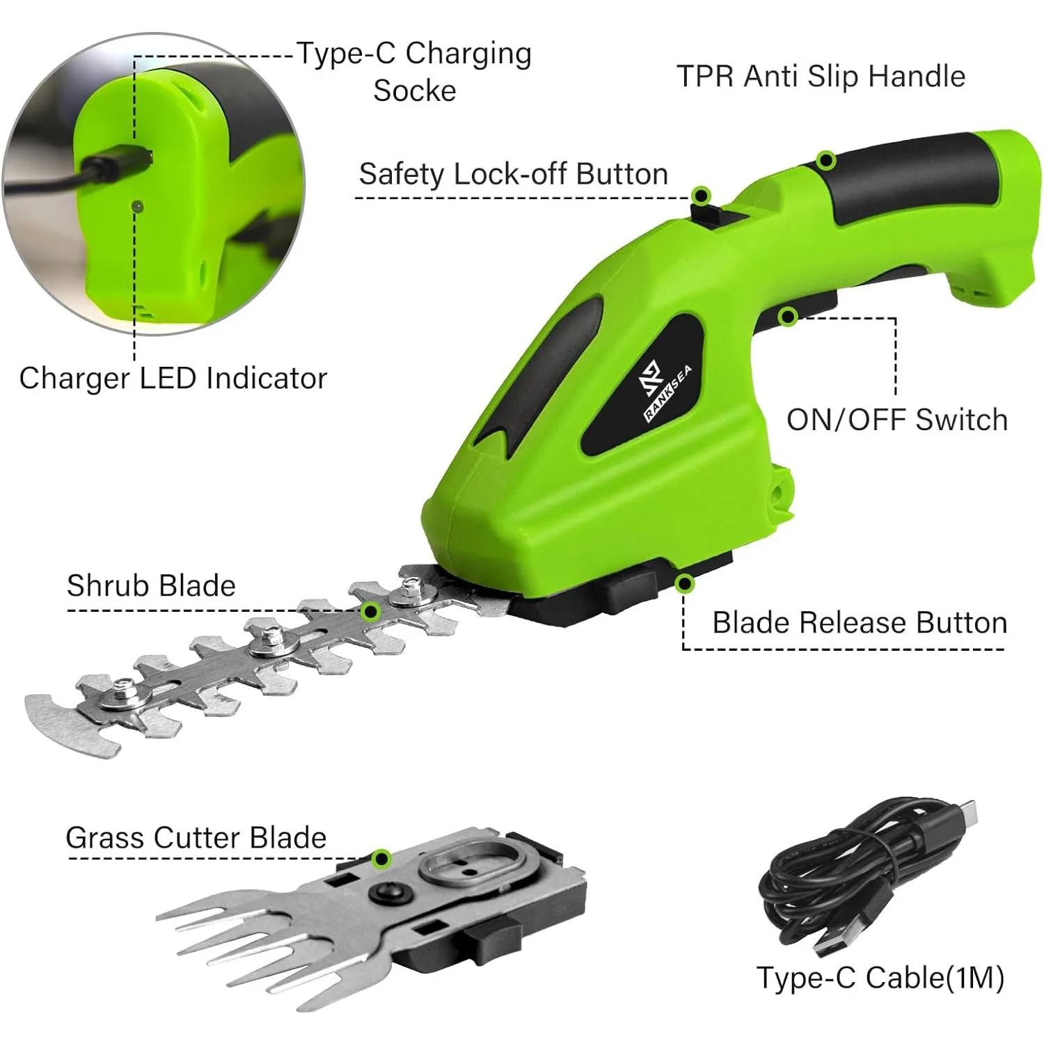 2 in 1 Cordless Hedge Trimmer Rechargeable Electric Grass Shears Garden Pruning Tool