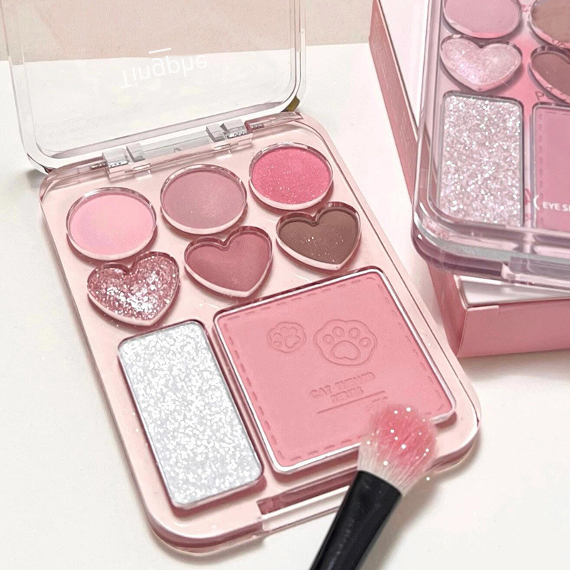 Heart-Shaped Color Pink Orange Eyeshadow Palette with Facial Blusher & Highlighter, Brightening, Lasting Eye Shadow